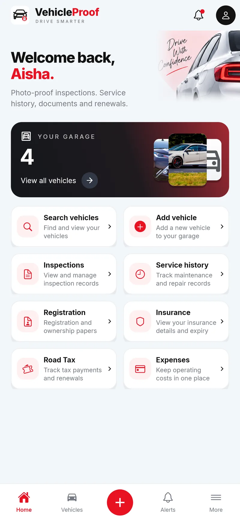 The home screen with the garage and shortcuts to every record