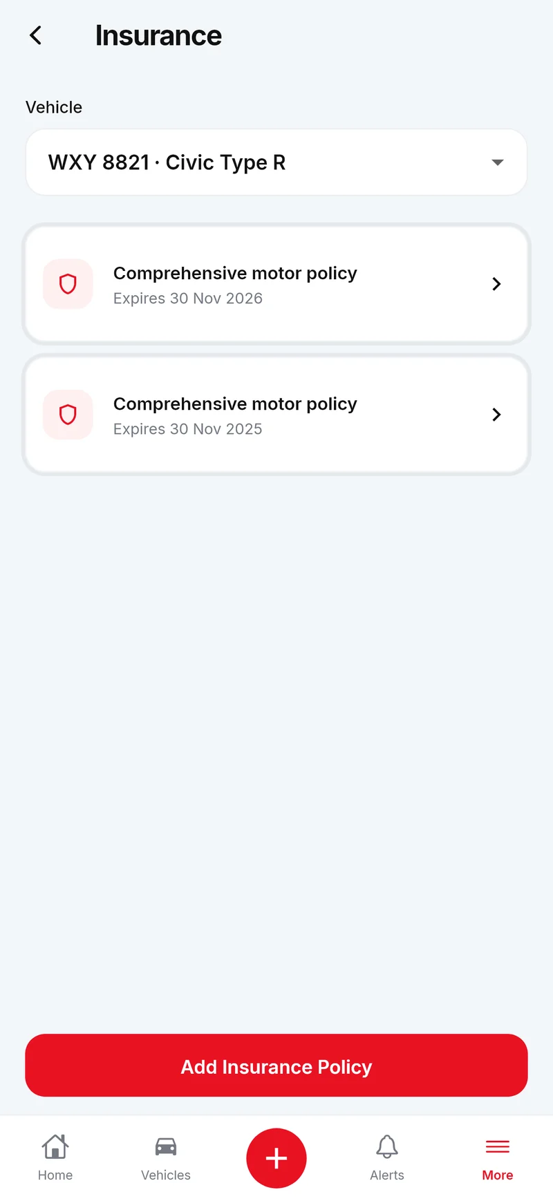 Insurance policies for a vehicle with their expiry dates