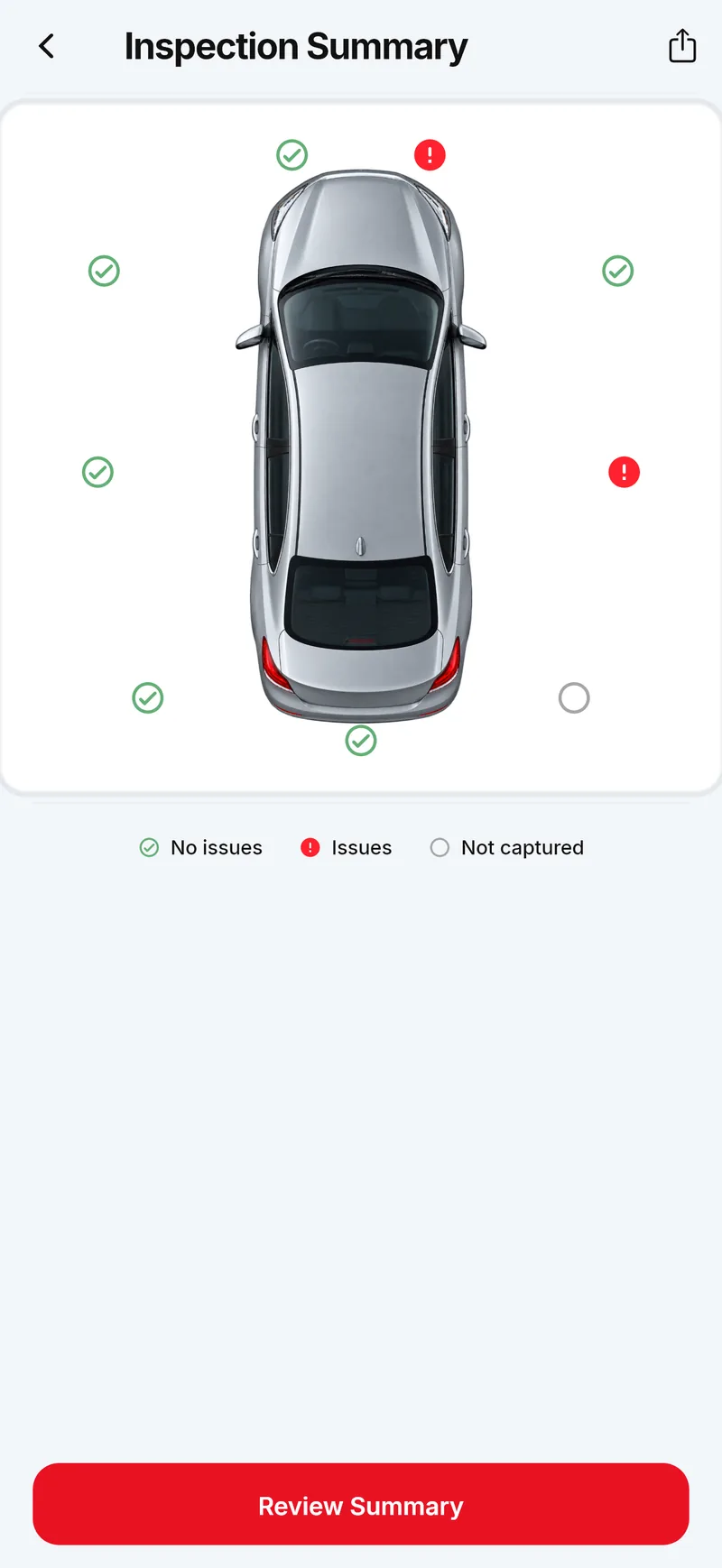 An inspection summary with damage marked around a car
