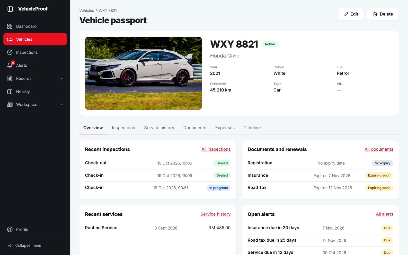 A vehicle's passport with its photo, recent inspections, documents and alerts